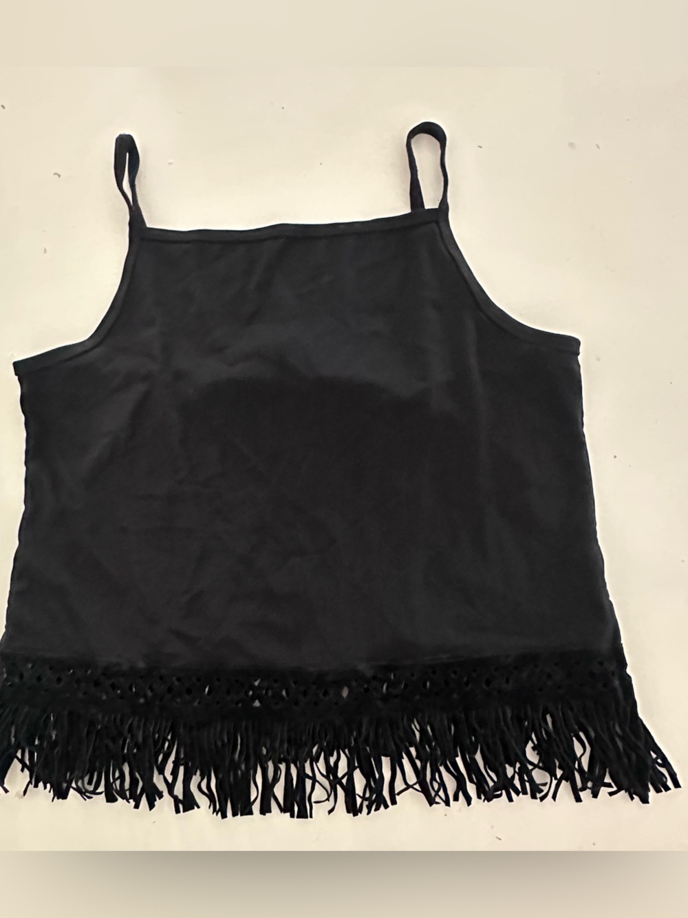 Vintage 90s Caren Sport Black Fringe & Lattice Trim Camisole Tank Top Sz L